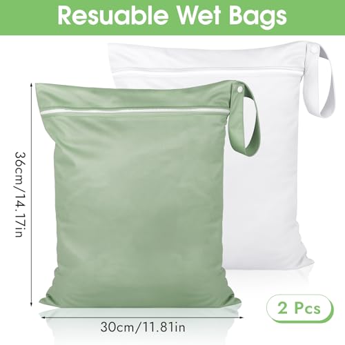 Maxmoc 2 Stück Nassbeutel,Wasserdicht Wäschesack 36x30cm,Wiederverwendbare Nasstasche Reise,Wetbag Schwimmsachen mit Reißverschluss,für Windeln Badeanzüge Strandtücher Schmutzige(Grün + Weiß)