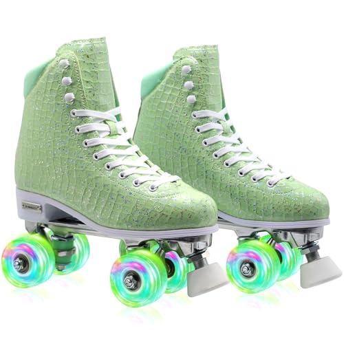 SMOOJOY Patines de ruedas para mujeres, niñas y niños, ruedas iluminadas, color verde, de piel sintética, diseño de caña alta, patines Derby para principiantes, jóvenes, tallas 2, 3, 4, 5, 6, 7, 8, 9,