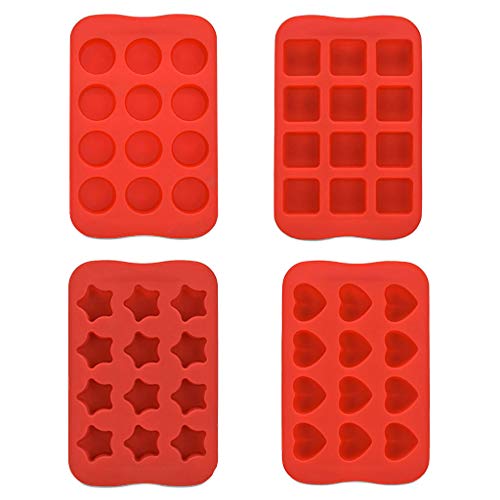 Ice Cube Trays 4 Pack, Heart Square Round Satr Shape Ice Cube,Bcdshop Easy-Release Silicone Freeze Mold Pudding Jelly Chocolate Maker 12-Ice Cube (Red) #TOP21
