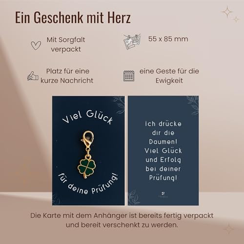 Milaboo® Kleeblatt Schlüsselanhänger mit Karte – Glücksbringer Geschenk für besondere Anlässe wie Prüfung, Reise, Einschulung, Operation, 12 Varianten, 55x85 mm (Prüfung)
