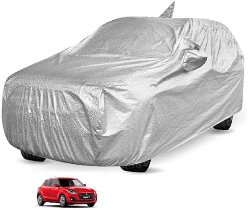 Image of Auto Hub Waterproof Car Cover Compatible with Maruti Swift (Model : 2005-2017) with Antenna & Mirror Pockets, Soft Cotton Lining, Swift Car Cover Waterproof, Metallic Silver