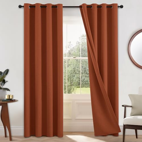 Image of COSVIYA 100% Blackout Burnt Orange Linen Curtains & Drapes 90 Inch Length | Light Blocking Full Room Darkening Grommet Insulated Thermal Window Panels for Bedroom /Living Room,52x90 inches,2 Panels
