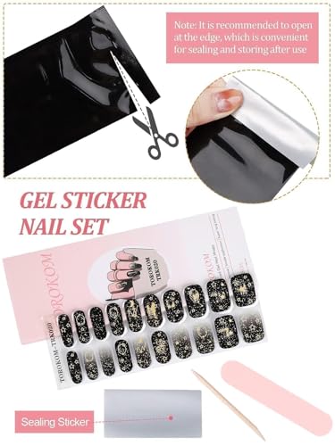 TOROKOM Tiras de unhas de gel semicuradas, tiras de unhas de gel de lua preta de longa duração, à pr