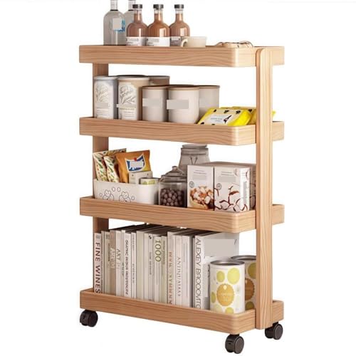 4-Tier Narrow Kitchen Cart Ultra-Slim Mobile Storage Cart with Wooden Frame Casters Multi-Function Organizer for Home Office All Occasion(Natural,40 cm)