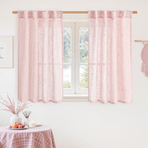 LAMIT 40 Inch Length Linen Curtains for Small Windows Over Silk 2 Panels