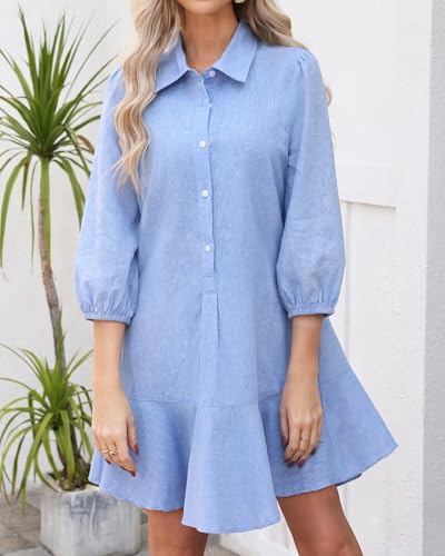 Image of YEXPINE Women Button Down Dress Casual 3 /4 Puff Sleeve Cotton Linen Dress Flowy Ruffle Hem Tunic Shirt Dresses