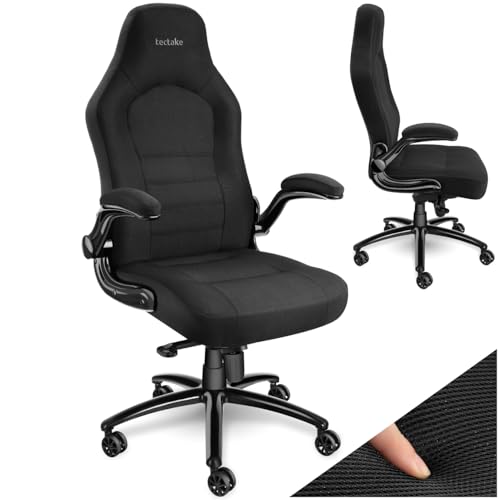 tectake Bürostuhl, Schreibtischstuhl mit klappbaren Armlehnen & Wippfunktion, höhenverstellbarer Drehstuhl mit Rollen, Chefsessel mit Stoffbezug, Bürostuhl ergonomisch, PC Stuhl - schwarz