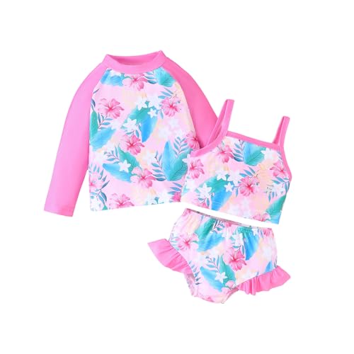 Image of XIXIMAON Toddler Girl Rash Guard Tankini Set Long Sleeve Swim Cover Up Camisole Tops Ruffle Shorts Kids 3 Piece Swimsuit Girls Bathing Suit 1-6 Years (Pink, 3-4 Years)