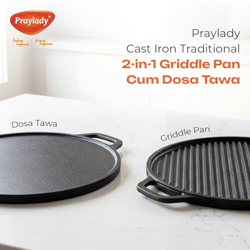 Image of Praylady Cast Iron 2-in-1 Dosa Tawa & Griddle Pan | 30 CM | Pre-Seasoned | Dual Sided Pan for Dosa, Roti, Tofu, Grilling & Searing | No Synthetic Coating | Toxin-Free | Gas & Induction Compatible