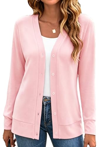 Womens Open Front Lightweight Cardigans V Neck Long Sleeve Casual Duster Cardigan Sweater (XL, Pink)