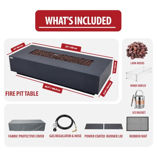Image of AMS Creations | Savanah 72 inch Bundle Rectangular Cast Concrete Natural Gas Fire Pit Table | Dark Gray | Smooth Texture Surface | Electronic Ignition | Outdoor Patio Heater Outside Backyard Fireplace