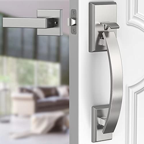 Image of Front Door Handle Satin Nickel Adjustable, Heavy 12.7in Exterior Entry Knob, Silver, Reversible