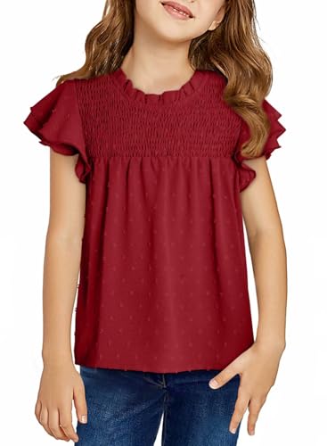 Image of DOKOTOO KIDS Girls Tops Short Sleeve Shirts Summer Blouse Size 6-15 Years | None Elastic Fabric, Ruffle Sleeve, Swiss Polka Dot, Smocked, Crew Neck, Key Hole Back, Dress Spring Outfit, Casual Tee