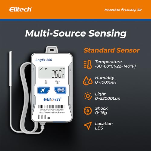 Image of Elitech 4G Reusable Real-time Temperature Humidity Data Logger Light /Shock /Location, Built-in SIM Card,Shadow Data,Airplane mode,Cloud Storage,SMS /Email /APP /Web Alarm,100000 Points,Loget 260-THE-5Pack