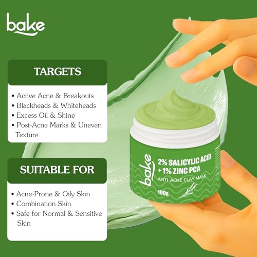 Image of BAKE 2% Salicylic Acid Clay Mask Niacinamide for Acne Prone, Oily Skin, Open Pores & Blackheads | Anti Acne Clay Mask with Kaolin Clay | For Dark Spots, Oily Skin & Blemishes - 100g (Anti Acne)