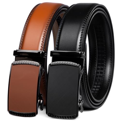 Image of Founders & C Mens Belt 2 Pack,Leather Ratchet Click Belt Dress with Slide Buckle 1 3 /8 inch in Gift Set Box- Size Adjustable