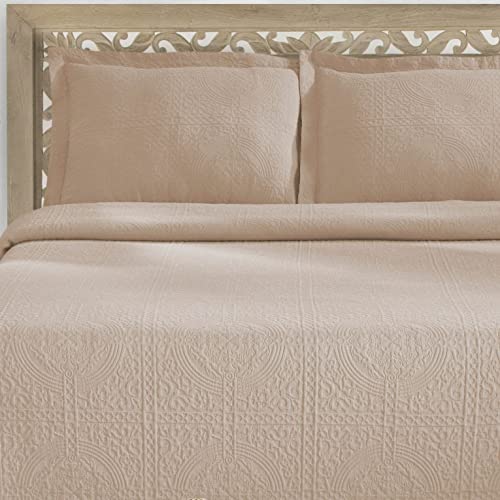 Superior Cotton Fleur De Lis Bedspread Set, Warm Blankets, All-Season Bedding, Bedroom Decor, Decorative Boho Medallion Coverlet, Includes 1 Bedspread, 2 Pillow Shams, Queen, Linen