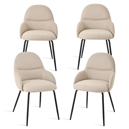 Goeurvant Salle à Manger Lot de 4 Chaises Modernes en Lin Beige, Assise Rembourrée avec Accoudoirs, Pieds Métalliques Solides, idéales pour Cuisine ou Séjour