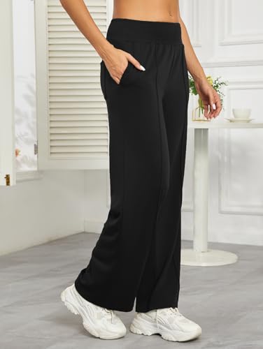 iChunhua Women's Smocked High Waist Wide Leg Pants Loose Casual Yoga Lounge Bottom Pajamas Trousers with Pockets2