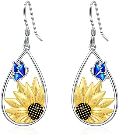 Sunflower Teardrop Dangle Earrings with Blue Butterfly 925 Sterling Silver Boho Bohemian Sunflower Floral Dangling Hook Flower Drop Earrings for Women Mothers Day Gifts