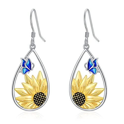 Sunflower Teardrop Dangle Earrings With Blue Butterfly 925 Sterling Silver Boho Bohemian Sunflower Floral Dangling Hook Flower Drop Earrings For Women Mothers Day Gifts #TOP13