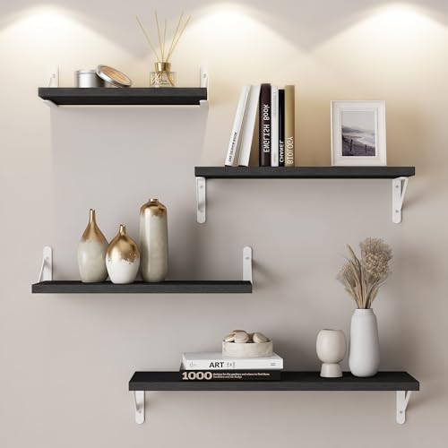 Image of YGEOMER Floating Shelves for Wall, Different Sizes Black Wall Shelves for Living Room, Bathroom, Bedroom, Kitchen, Home Decor (Set of 4)