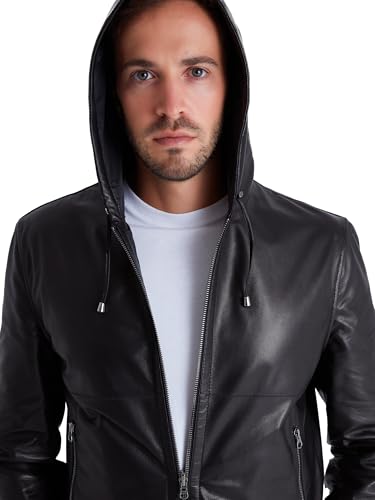 Men's Reversible Leather Bomber Jacket with Hood - Real Genuine Lambskin Leather Jacket for Men4