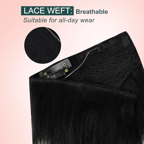 Image of Easyouth Wire Hair Extensions Ombre Human Hair Wire Extensions Balayage Black with Silver Fish Line Hair Extension Real Human Hair Blend Naurally 16 Inch 80g