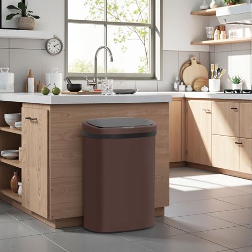 Image of BestOffice | 13 Gallon Stainless Steel Trash Can with Lid | Brown | Automatic Touchless Garbage Can | Odor Control | Modern Oval Design | Easy to Clean | Fits Any Kitchen, Bathroom, Office or Home
