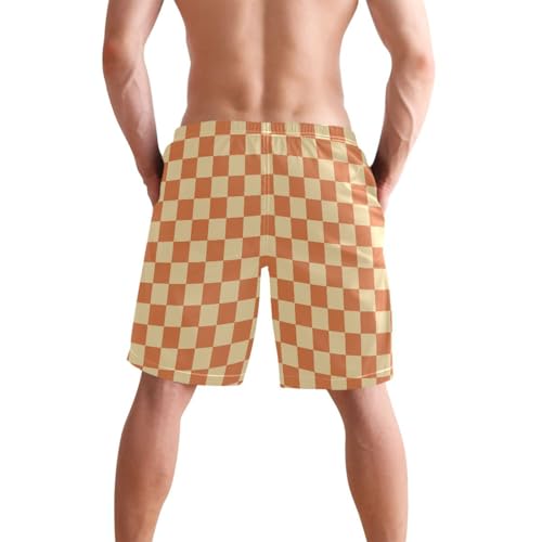 Men's Orange Checkerboard Swim Trunks Board Swimwear Beach Short with Pockets 203009652