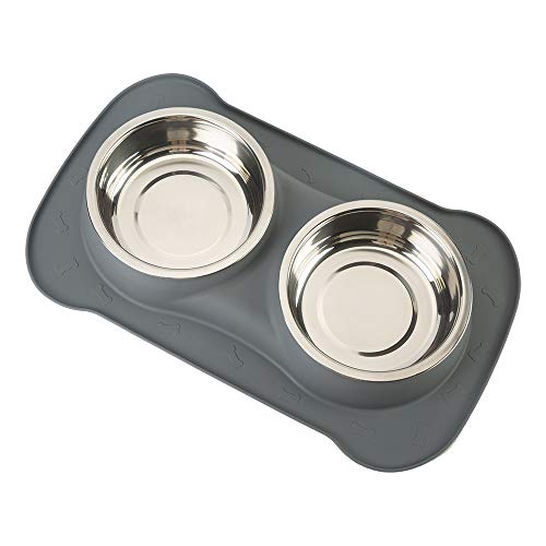 Hoping PET Bowl-No Spill Dog Bowl Non Slip Silicone Mat Dog Water Food Bowl Double Stainless Steel Cat Bowl Dish Puppy Bowl for Cat Dog Feeding (XL, Grey)
