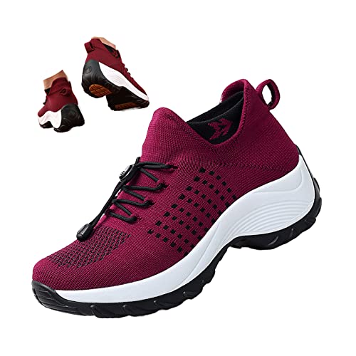 Women's Orthopedic Stretch Cushion Shoes Comfy Cloud Pro Breathable Mesh Sock Fashion Sneakers Wedge Running Footwear, Wine Red, 11