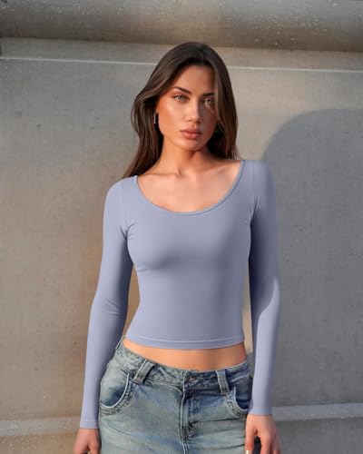 OQQ Women Tops Scoop Neck Long Sleeve Fitting Stretch Clothes Basic Cami Shirts2