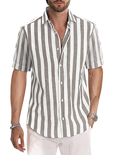 Meilicloth Chemise Homme Casual à Manches Courts à Rayure Western Style Boutonnée Regular Fit avec Boutons Marron Blanche XL