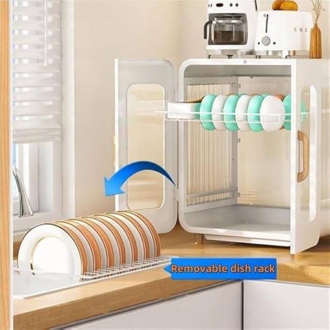 Countertop Drain Rack Double-Layer Anti-Dirty Dish Cabinet Kitchen Rack with Water Tray Drawer Suitable for Kitchen Mult (Black)