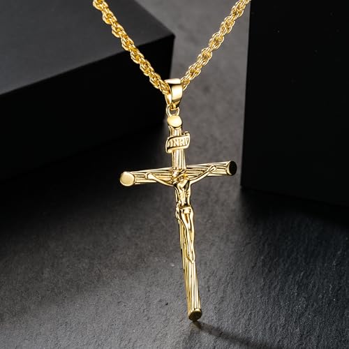 14K Gold Cross Necklace for Women for Men Jesus On Cross Crucifix Necklace Men & Women Faith Jewelry Presents 54.5mm 20/22/24in3