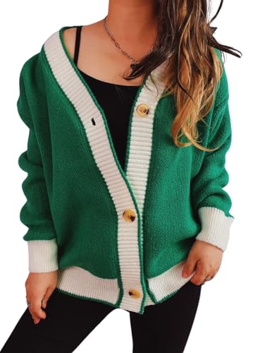 chouyatou Women's Contrast Color Button Down Sweater Oversized V-Neck Ribbed Knit Coat Cardigans