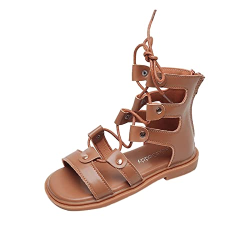 Toddler Girls Lace-up Sandals Back Zipper Open Toe Sandals Summer Strappy Sandals Casual Shoes (Brown, 10.5 Little Child)