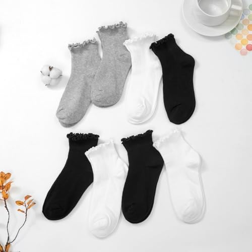 Image of 8 Pairs Cute Ruffle Frilly Ankle Socks Women, Lace Lettuce Socks