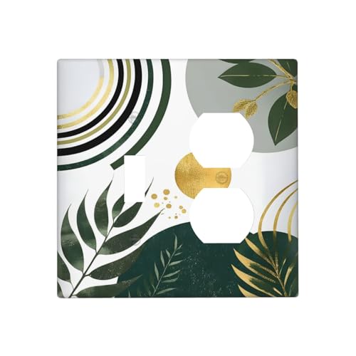 Decorative Outlet Covers Boho Green Leaves Bohemian Gold Sun 2 Gang Wall Plate Cover Single Toggle Duplex Combo Two Switch Light Switch Cover Plate Jumbo Faceplate