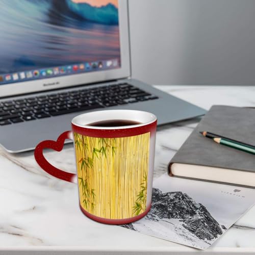 AELKSP Divertida Taza de Café,Taza té café Cambio de Color de la Taza Sensible al, cerámica Taza Mágica, 11oz,Fondo de bambú dorado claro ideal para cualquier proyecto. Marco de fondo de hojas de bamb