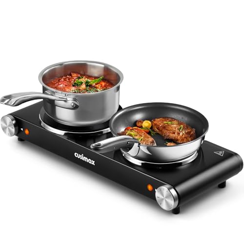 CUSIMAX Double Hot Plates Electric Burner, 1800W Countertop Cooktop with Adjustable Temperature Control, Hot Plates for Cooking Portable Electric Stove, Black Stainless Steel Cooktop, Upgraded Version
