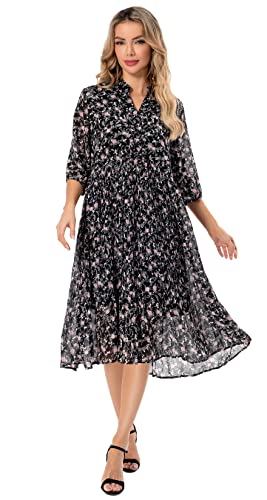 Image of Shineflow Women's Short Sleeve V-Neck 3 /4 Sleeve Button Up Chiffon Floral Pleated Midi Swing Dress with Belt