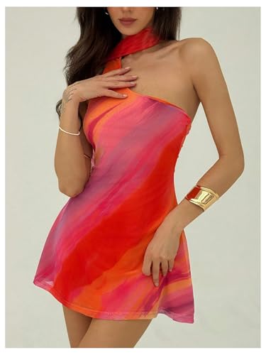 MakeMeChic Women's Mesh Tie Dye One Shoulder Mini Dress Backless Y2k Summer Dresses with Scarf4