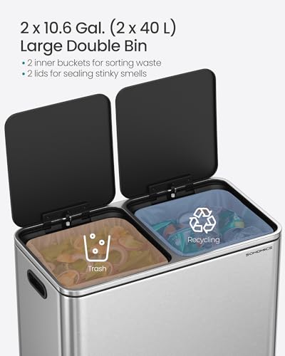 Image of SONGMICS Trash Can, 2 x 10.6 Gallon (2 x 40 L), Silver and Black | With 15 Trash Bags, 2 Compartments, Plastic Inner Buckets and Hinged Lids, Airtight, ULTB730E80