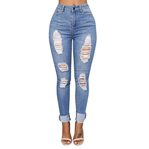 Hattfart Womens Stretch Denim Distressed Mid-Rise Push up Skinny Ankle Ripped Jeans (L)