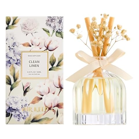 Airkeep Reed Diffuser Set with 3 Sticks,3.04oz Clean Linen Baby's Breath Flower Flame Free Fragrance Diffuser for Home Décor Floral Diffuser Room Fresheners for Home Long Lasting Cover