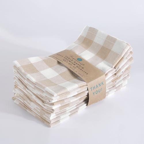 Image of FINGERCRAFT 100% Cotton Cloth Napkins Set of 12 - 20x20 Inch (50x50 cm) Reusable Dinner Table Napkins, Soft & Absorbent Buffalo Check Gingham Fabric, Washable Kitchen & Dining Napkins (Beige White)