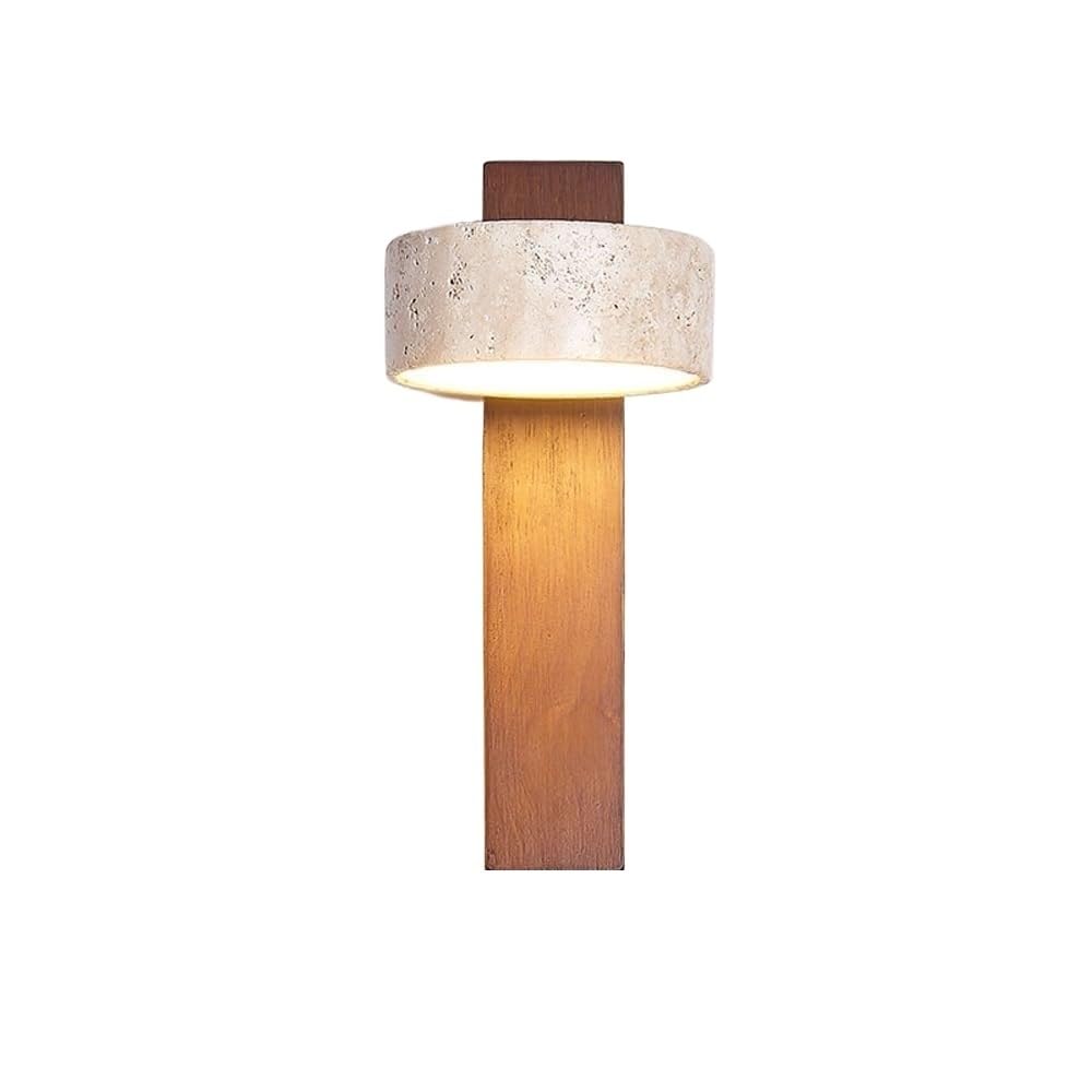 ITOSUI Minimalist Modern Wall Sconce 9.1-Inch Linear Solid Wood LED Wall Light with Natural Yellow Travertine Stone Shade Lighting Fixture for Bedroom Bedside Study Hallway Living Room(Walnut Color)