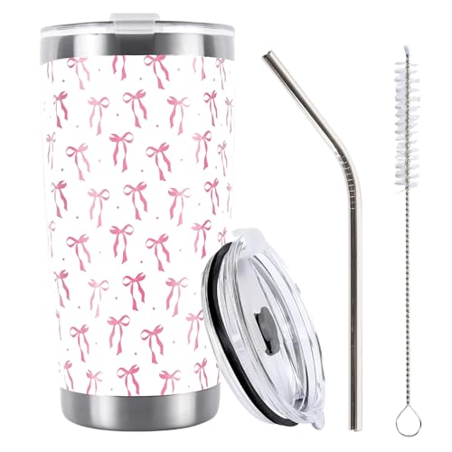 Leseogye 600ml/20oz Insulated Cups, Travel Mug with Lid Straw Brush, Vacuum Double Wall Stainless Steel Coffee Mug, Pink Bow Leakproof Tumbler